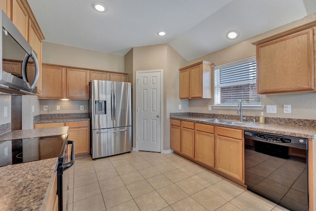 6121 Bowfin Dr, Fort Worth, TX 76179 - kitchen with a sink, black appliances, light tile patterned flooring, lofted ceiling, and recessed lighting