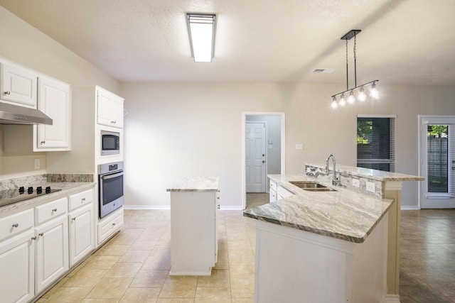 803 Sterling Ct, Allen, TX 75002 - kitchen with appliances with stainless steel finishes, a sink, a center island with sink, under cabinet range hood, and light stone counters
