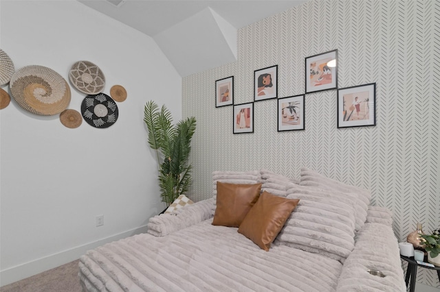 3023 Wind Knot Way, Royse City, TX 75189 - bedroom with wallpapered walls, baseboards, vaulted ceiling, and carpet floors