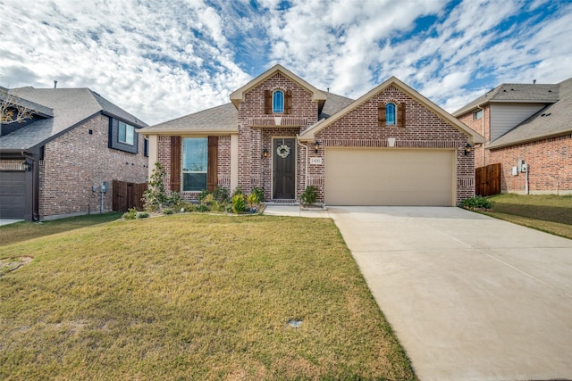1400 Stone Ridge Dr, Anna, TX 75409 - traditional-style house with fence, driveway, brick siding, a front yard, and a garage