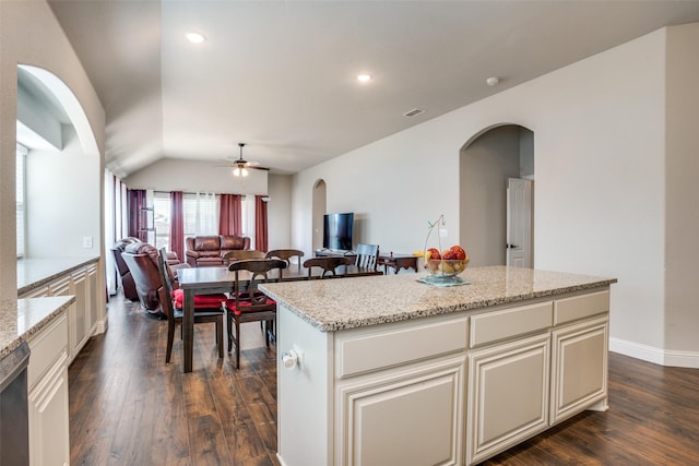 1400 Stone Ridge Dr, Anna, TX 75409 - kitchen featuring arched walkways, ceiling fan, open floor plan, and dark wood-style flooring