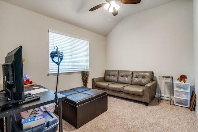 1400 Stone Ridge Dr, Anna, TX 75409 - living area featuring vaulted ceiling, carpet, and ceiling fan