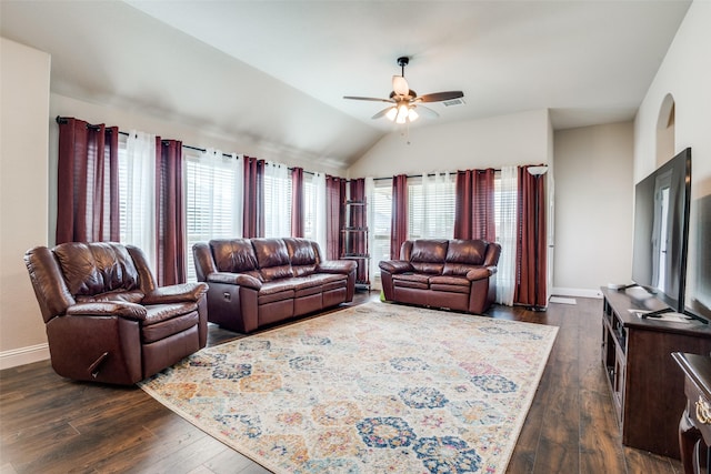 1400 Stone Ridge Dr, Anna, TX 75409 - living area featuring dark wood-type flooring, lofted ceiling, a ceiling fan, and baseboards