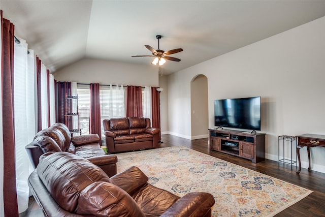 1400 Stone Ridge Dr, Anna, TX 75409 - living area with arched walkways, vaulted ceiling, a ceiling fan, and baseboards