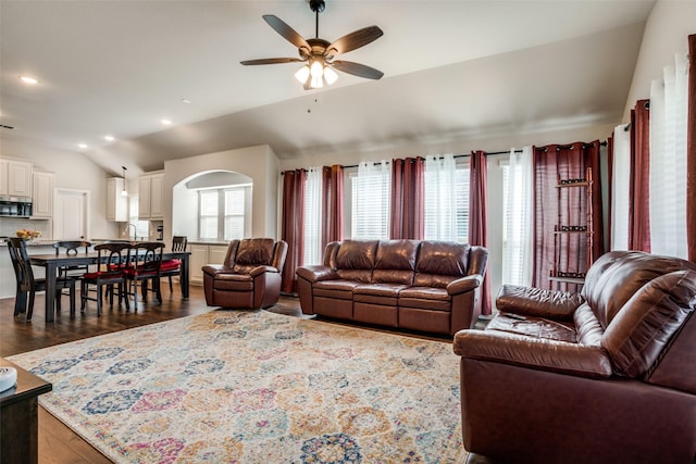 1400 Stone Ridge Dr, Anna, TX 75409 - living room featuring recessed lighting, lofted ceiling, a ceiling fan, and dark wood-style flooring