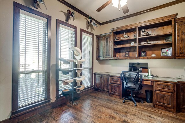 office featuring ceiling fan, built in study area, dark wood-type flooring, and ornamental molding