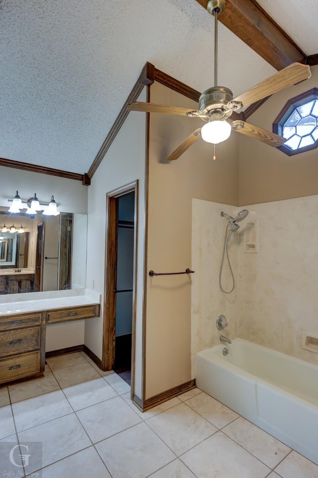 full bathroom featuring washtub / shower combination, vaulted ceiling, a textured ceiling, and tile patterned floors