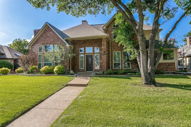 view of front of house with a chimney, a front lawn, and brick siding