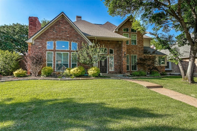 view of front of house with brick siding, a chimney, roof with shingles, and a front lawn