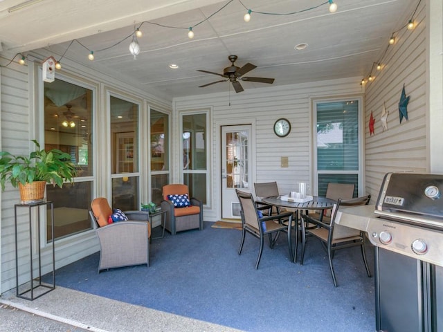 view of patio / terrace featuring ceiling fan, outdoor dining area, and a grill