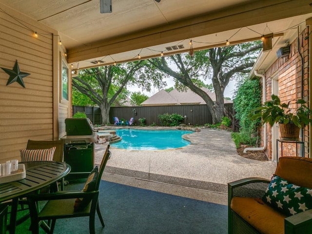 view of swimming pool featuring a fenced in pool, a fenced backyard, and a patio