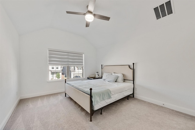 bedroom featuring vaulted ceiling, baseboards, visible vents, carpet, and ceiling fan