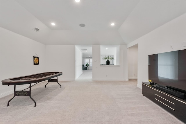 rec room with recessed lighting, baseboards, lofted ceiling, and light colored carpet