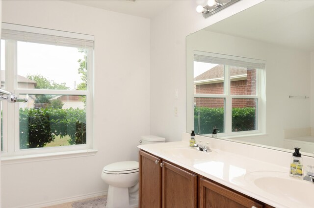bathroom featuring a sink, toilet, and double vanity