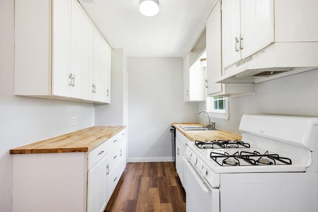 2224 Tisinger Ave, Dallas, TX 75228 - kitchen with dark wood-style floors, a sink, under cabinet range hood, white range with gas cooktop, and butcher block counters