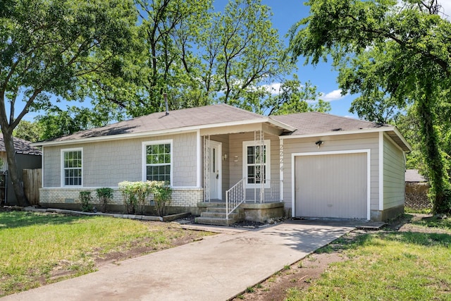 2224 Tisinger Ave, Dallas, TX 75228 - ranch-style house featuring concrete driveway, a garage, a front lawn, and roof with shingles
