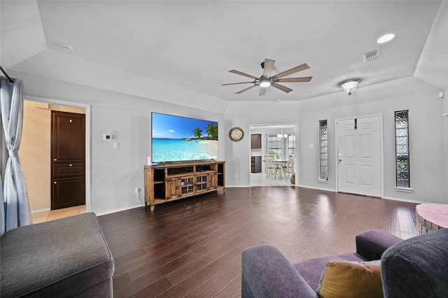 620 Linda Dr, Burleson, TX 76028 - living room with hardwood / wood-style floors, baseboards, a ceiling fan, and visible vents