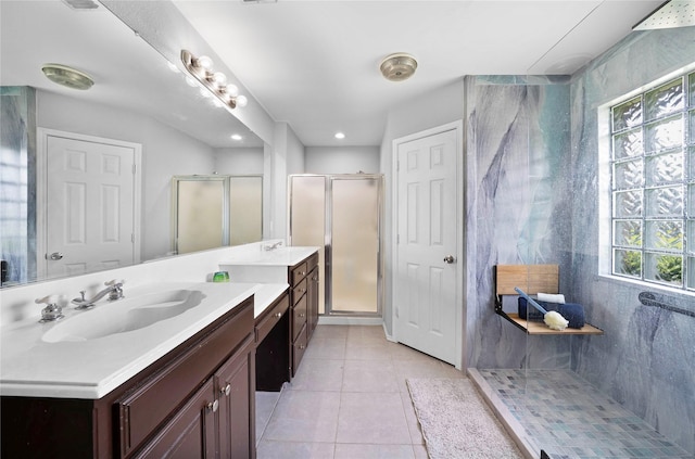620 Linda Dr, Burleson, TX 76028 - bathroom featuring recessed lighting, vanity, tile patterned floors, and a stall shower