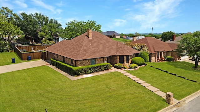 620 Linda Dr, Burleson, TX 76028 - view of front facade with a residential view, stone siding, a chimney, and a front lawn