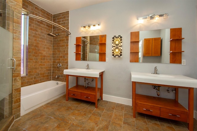 1323 Saint Joseph St Unit 17, Dallas, TX 75204 - full bath featuring two vanities, shower / bath combination with glass door, and baseboards