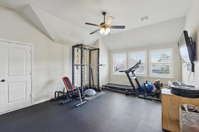 workout area with vaulted ceiling, baseboards, a ceiling fan, and visible vents