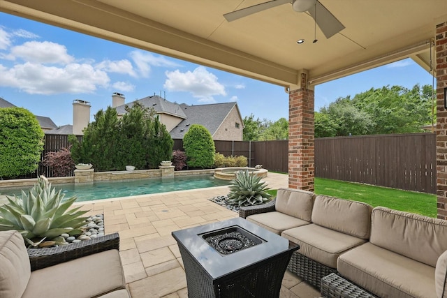 view of patio / terrace with a fenced backyard, an outdoor living space with a fire pit, a fenced in pool, and a ceiling fan