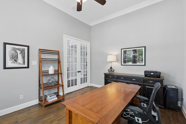 office area with dark wood-style flooring, a ceiling fan, ornamental molding, and french doors