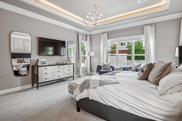 13508 Balint Ln, Frisco, TX 75035 - bedroom with crown molding, a notable chandelier, and a tray ceiling