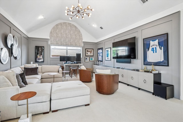 13508 Balint Ln, Frisco, TX 75035 - living area with lofted ceiling, carpet flooring, an inviting chandelier, and visible vents