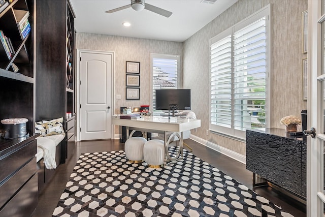 13508 Balint Ln, Frisco, TX 75035 - office area with wallpapered walls, visible vents, a ceiling fan, dark wood-type flooring, and baseboards
