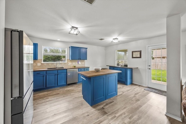 5712 Goldfinch Way, Dallas, TX 75249 - kitchen featuring blue cabinets, a sink, light wood finished floors, butcher block counters, and stainless steel appliances