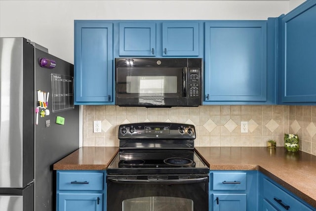 5712 Goldfinch Way, Dallas, TX 75249 - kitchen featuring decorative backsplash, black appliances, dark countertops, and blue cabinetry