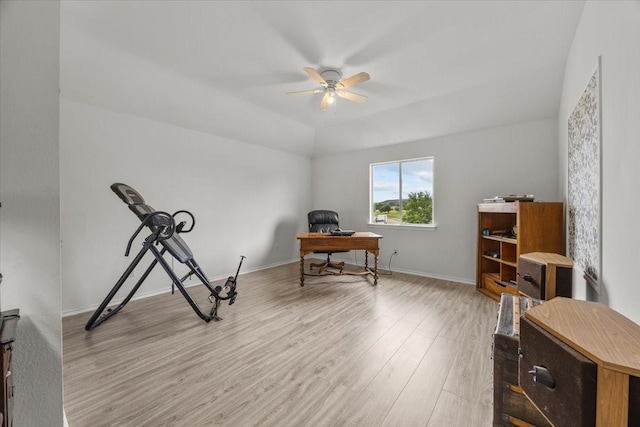 5712 Goldfinch Way, Dallas, TX 75249 - office featuring baseboards, a ceiling fan, and wood finished floors