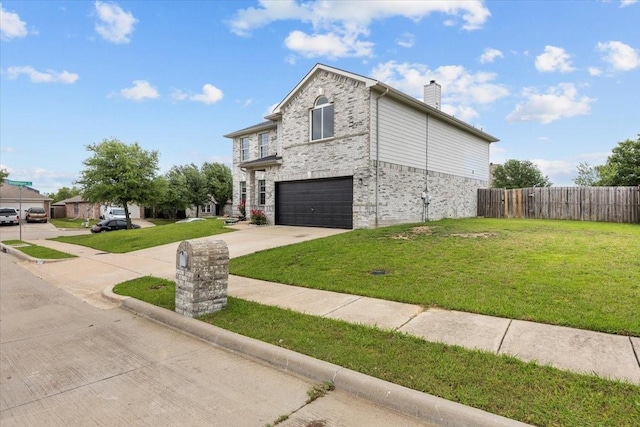 5712 Goldfinch Way, Dallas, TX 75249 - view of home's exterior featuring driveway, a chimney, a lawn, fence, and an attached garage
