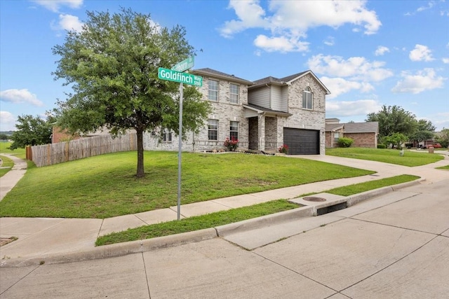 5712 Goldfinch Way, Dallas, TX 75249 - traditional-style house with fence, a front lawn, brick siding, a garage, and concrete driveway