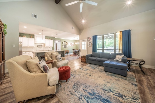 2033 Antler Loop, Poolville, TX 76487 - living area with high vaulted ceiling, dark wood-style flooring, a ceiling fan, beamed ceiling, and recessed lighting