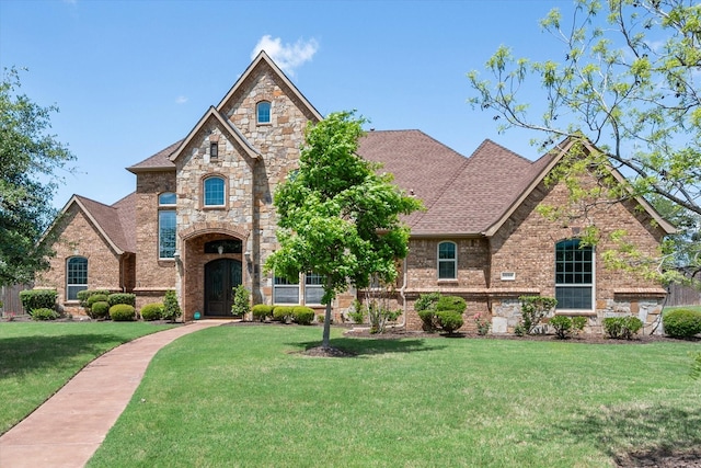 french country style house with stone siding, brick siding, and a front yard