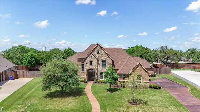 french country style house with stone siding, a front lawn, and fence