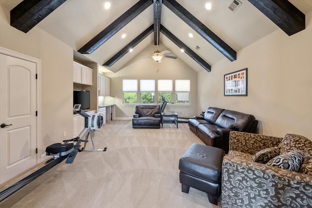 living area with light colored carpet, baseboards, beam ceiling, visible vents, and recessed lighting