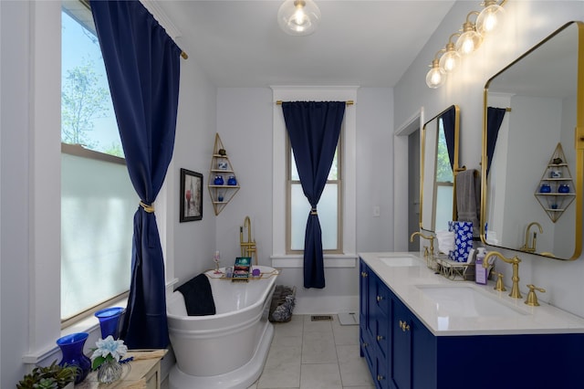 full bathroom featuring double vanity, a freestanding tub, and a sink