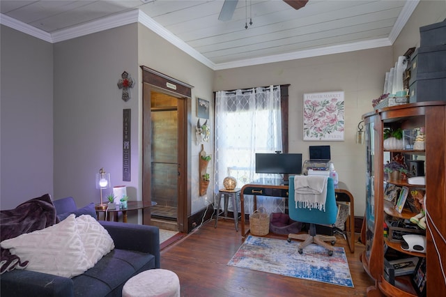 office space with crown molding, a ceiling fan, and wood finished floors