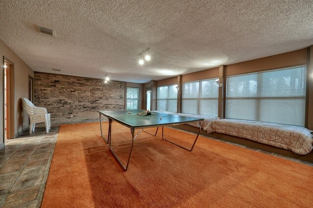 recreation room featuring brick wall, visible vents, and a textured ceiling