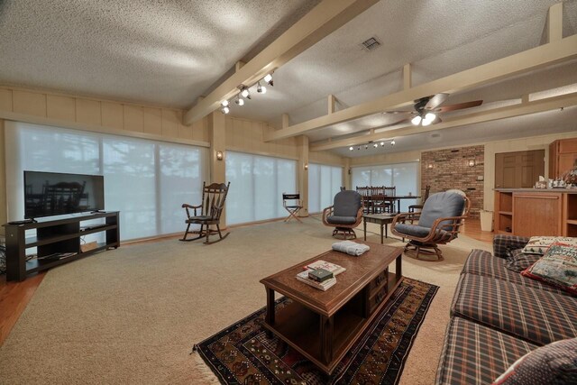carpeted living area with track lighting, visible vents, a ceiling fan, beamed ceiling, and a textured ceiling