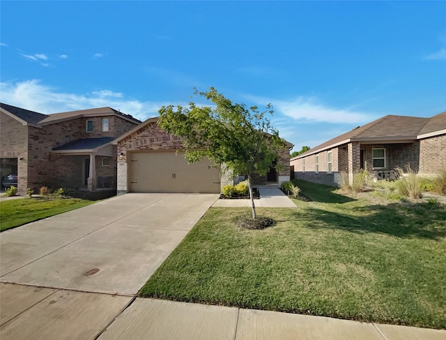 view of front of property featuring a front lawn, driveway, stone siding, brick siding, and a garage