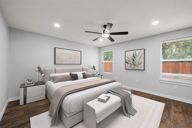 1124 Faulkner Ln, Waco, TX 76704 - bedroom featuring baseboards, recessed lighting, dark wood-style floors, and a ceiling fan