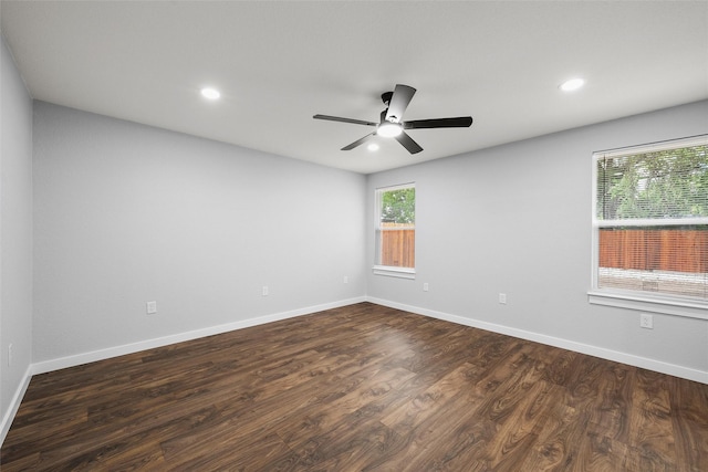 1124 Faulkner Ln, Waco, TX 76704 - empty room with dark wood-style flooring, recessed lighting, a ceiling fan, and baseboards