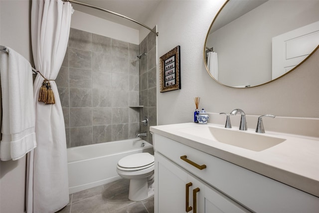 full bath featuring shower / tub combo with curtain, vanity, tile patterned flooring, and toilet
