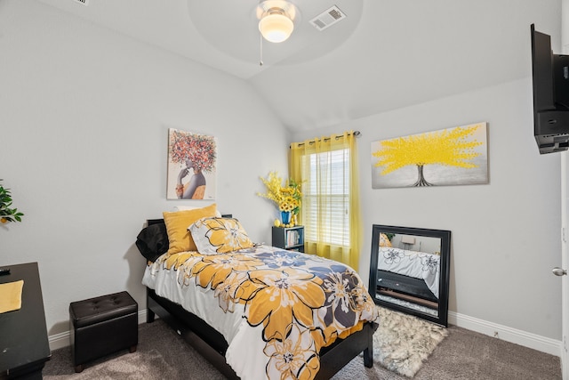 1884 Knoxbridge Rd, Forney, TX 75126 - carpeted bedroom with vaulted ceiling, a ceiling fan, visible vents, and baseboards