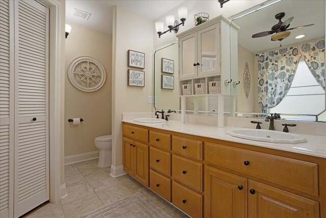 full bath with a ceiling fan, a sink, visible vents, and a closet