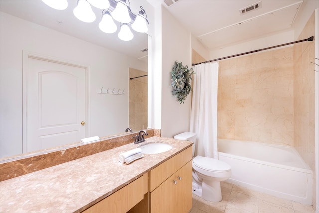 bathroom featuring toilet, shower / tub combo with curtain, and vanity